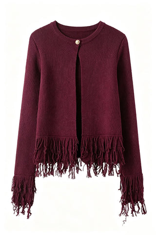 Fringe Trim Crew Neck Knit Cardigan