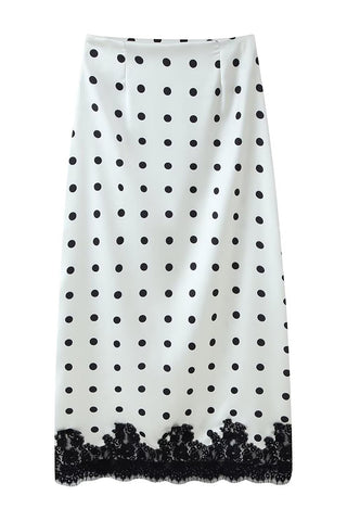 Polka Dot Lace Hem Midi Skirt