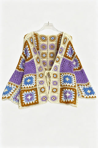 Crochet Patchwork Open Front Bell Sleeve Cardigan