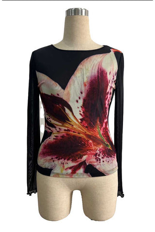 Sheer Mesh Floral Print Long Sleeve Top