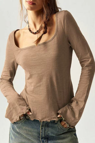 Square Neck Long Sleeve Ruffle Hem Top