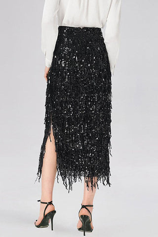 Sequin Fringe High-Waist Midi Skirt