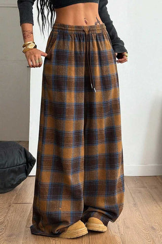 Plaid Drawstring Wide-Leg Casual Pants