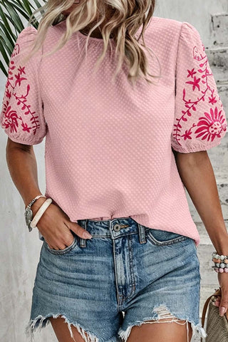 Patterned Puff-Sleeve Blouse