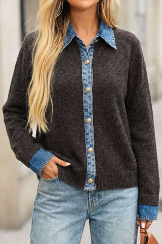 Denim Trim Button-Front Knit Cardigan