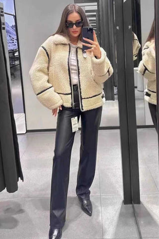 Contrast Trim Zip-Up Sherpa Jacket