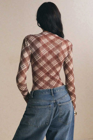 Sheer Plaid Mock Neck Long Sleeve Bodysuit
