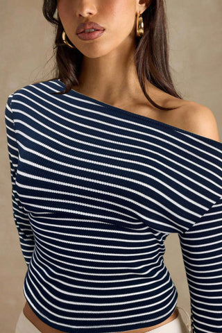 Ribbed One-Shoulder Striped Long Sleeve Top