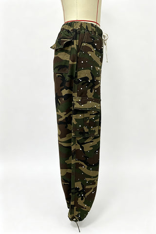 Rhinestone Camo Drawstring Cargo Pants
