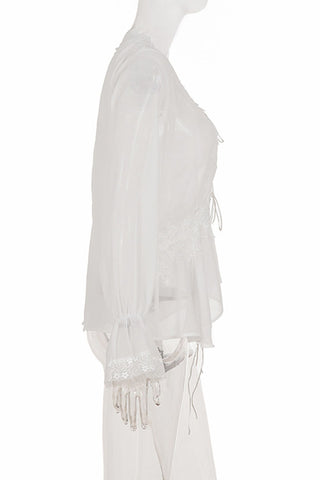 Lace-Up Front Bell Sleeve Sheer Blouse