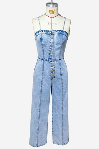 Strap-Detail Button-Front Jumpsuit