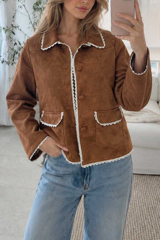 Scalloped Lace Trim Suede Jacket