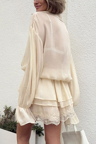 Sheer Lace V-Neck Ruffle Mini Dress
