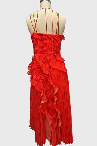 Floral Ruffle Halter Pleated Evening Dress