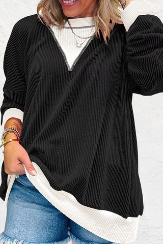 Textured V-Neck Color Block Sweatshirt