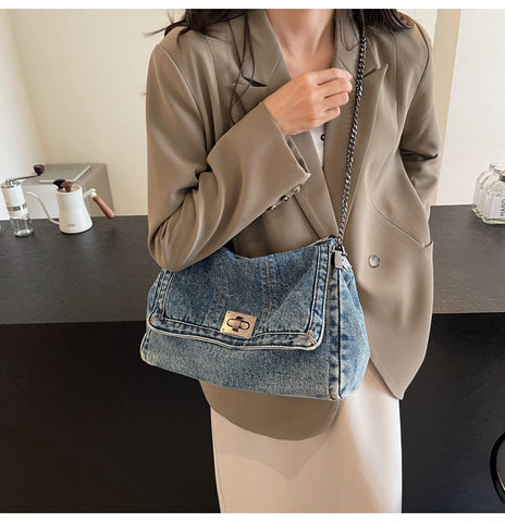 Denim Slouchy Contrast Stitching Chain Bag