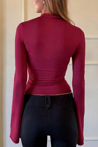 Lace Trim Keyhole Bell Sleeve Blouse