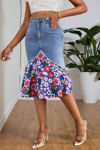 Graphic Print Denim Skirt