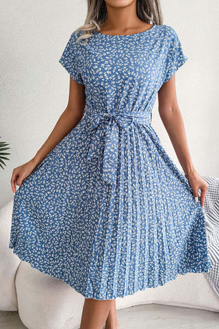 Belted Floral Pleated Casual Dress