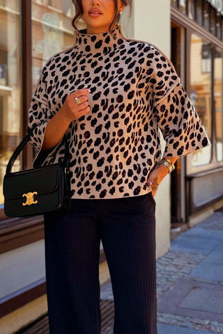 Leopard Print Mock Neck Bell Sleeve Sweater