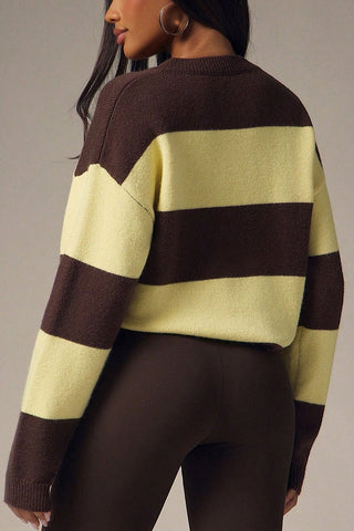 Striped Button-Front Henley Knit Sweater