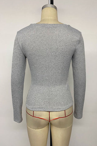 Ribbed Lace Trim Button-Front Long Sleeve Top