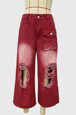Distressed Wide-Leg Cargo Casual Pants