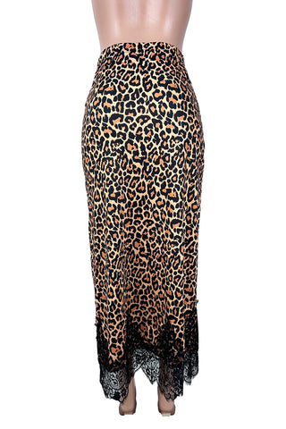 Leopard Print Lace Hem Midi Skirt