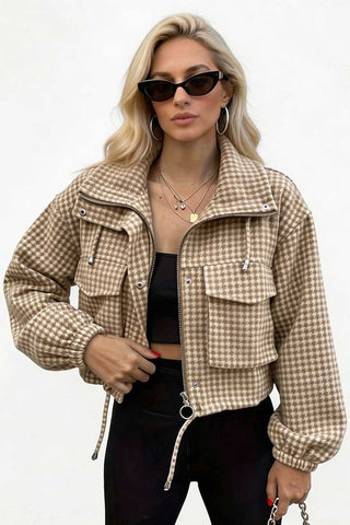 Houndstooth Zip-Up Crop Jacket