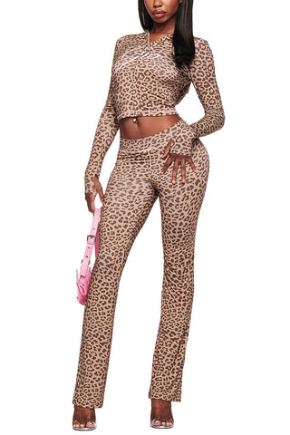 Leopard Print Hoodie and Flare Pants Set
