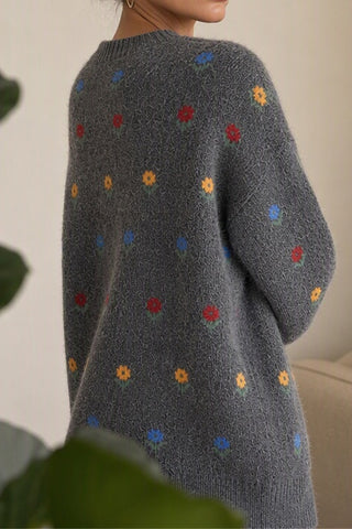 Floral Applique Crew Neck Knit Sweater