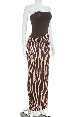 Strapless Ruched Waist Animal Print Maxi Dress