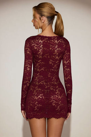 Floral Lace Square Neck Long Sleeve Mini Dress