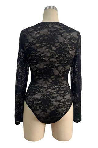 Sheer Floral Lace Square Neck Long Sleeve Bodysuit