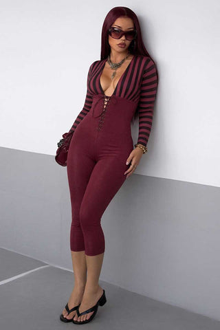Striped V-Neck Lace-Up Bodycon Romper