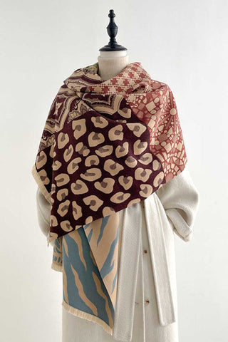 Mixed Print Patchwork Fringe Wrap Scarf