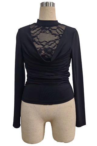 Lace Mock Neck Ruched Long Sleeve Blouse