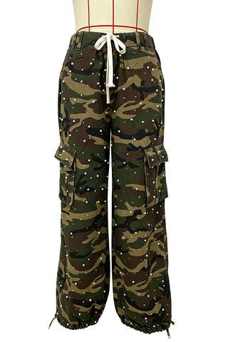 Rhinestone Camo Drawstring Cargo Pants