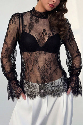 Lace Sheer Bell Sleeve Mock Neck Blouse