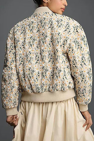 Floral Print Ribbed Trim Zip-Up Bomber Coat