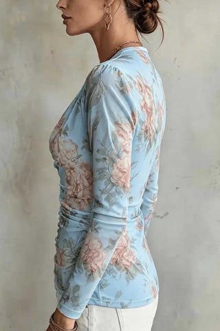 Sheer Floral Ruched Cowl Neck Top