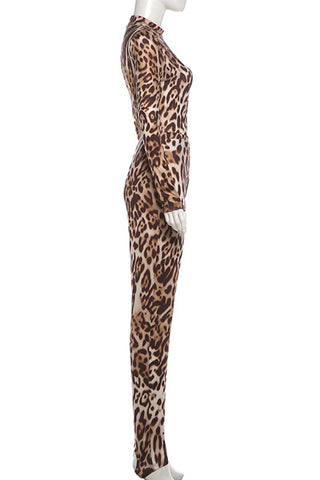 Sheer Mock Neck Animal Print Pants Set