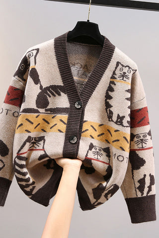 Cat Print V-Neck Cardigan