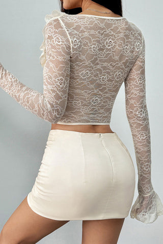 Ruffle Sweetheart Neck Lace Bell Sleeve Blouse