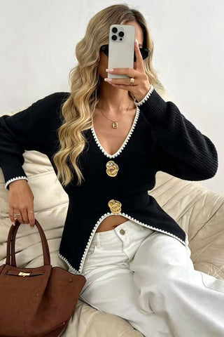 Contrast Trim V-Neck Button Sweater