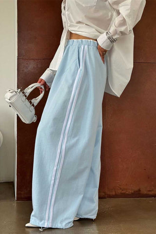 Striped Drawstring Wide-Leg Casual Pants