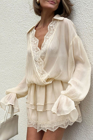 Sheer Lace V-Neck Ruffle Mini Dress