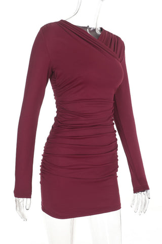 Ruched Cowl Neck Long Sleeve Mini Dress