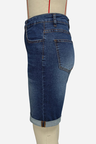 High-Waist Denim Bermuda Shorts