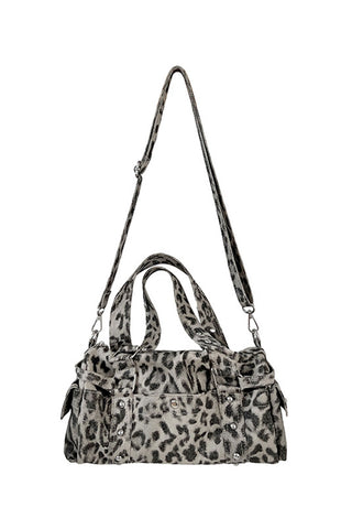 Leopard Print Studded Multi-Pocket Tote Bag